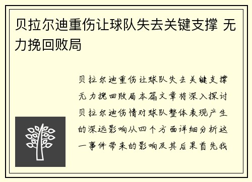 贝拉尔迪重伤让球队失去关键支撑 无力挽回败局